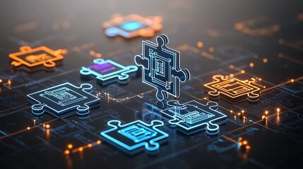 Leinwandbilder - Glowing neon colored interconnected puzzle pieces featuring intricate circuits and patterns representing the concept of innovation and technology on a modern digital background