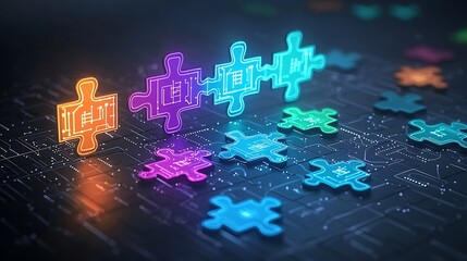 Fototapete - Vibrant and colorful puzzle pieces glowing with neon hues linked together with intricate circuit like patterns symbolizing progress