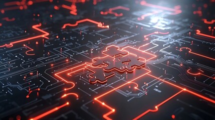 Leinwandbilder - Futuristic puzzle pieces with neon lights glowing brightly showcasing the interconnectedness and problem solving capabilities through circuit inspired patterns on a dynamic technological backdrop