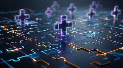 Leinwandbilder - Glowing Neon Puzzle Piece Abstract Background Showcasing Modern Digital Technology  Vibrant blue and purple hues illuminate the interconnected geometric pattern