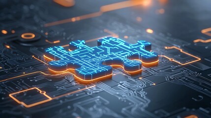 Leinwandbilder - Close up of futuristic puzzle pieces glowing in neon blue and orange hues intricately interconnected with circuit like details set against an abstract tech inspired background