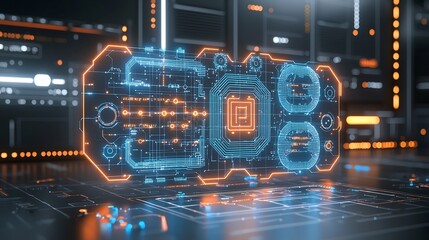 Fototapete - Close up of glowing neon blue and orange futuristic puzzle pieces with intricate circuit like interconnected details set against an abstract tech inspired background