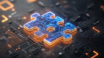 Fototapete - Close up of futuristic puzzle pieces glowing in neon blue and orange interconnected with intricate circuit like details set on an abstract tech inspired background