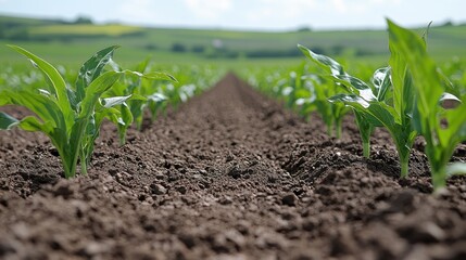 Wall Mural - A close-up view of young green corn plants growing in neat rows on a field with well-prepared, dark soil and rolling hills in the background under a bright blue sky