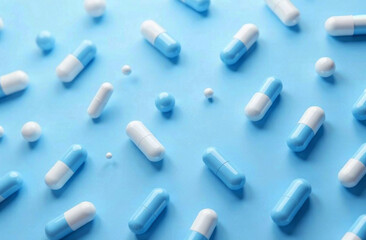 Various blue and white capsules and pills are scattered on a soft blue background, suggesting a healthcare context