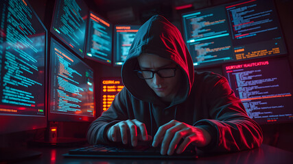 computer hacker in hoodie. concept of hacker attack, virus infected software, cyber security.