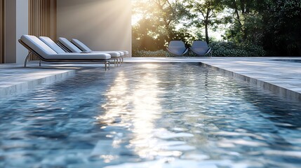 Wall Mural - Elegant poolside scene, sleek stone tiles, minimalist design with modern lounge chairs, tranquil water, sunlight creating soft reflections, serene and peaceful ambiance, photorealistic style,