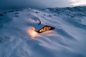 Wall Mural - A stunning dusk scene featuring a cabin partially buried in snow, with warm light glowing through its windows, creating an inviting and magical atmosphere.