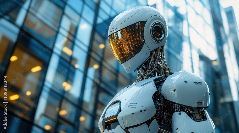 Humanoid robot stands in reflective urban setting among modern glass ...