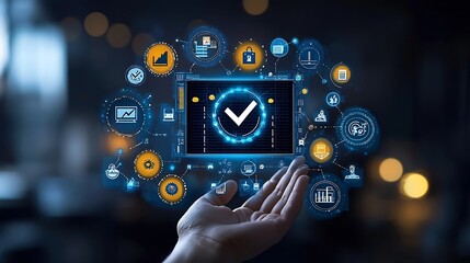 Leinwandbilder - Glowing digital interface with a prominent checkmark icon at the center surrounded by blue and yellow icons representing a dark background  This image symbolizes technology innovation user experience