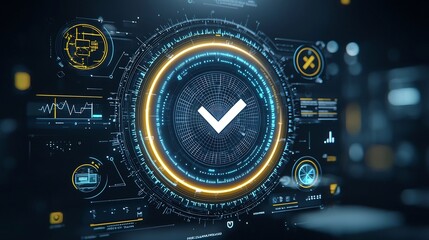 Leinwandbilder - Futuristic hand held interface device glowing with a central checkmark icon surrounded by and task related icons in a blue and yellow color scheme on a black background  Represents modern technology