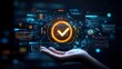 © NKCoolper - Glowing digital checkmark icon at the center of an interface held by a human hand and surrounded by various certification approval and success related symbols and icons against a vibrant