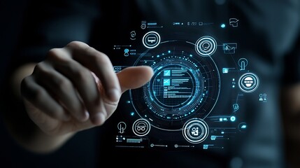 Poster - Futuristic digital interface glowing in a hand showcasing assurance processes with checklist icons and document control a man in a black shirt faintly visible behind the display