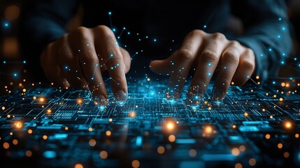 Poster - Glowing digital interface held in a hand revealing policy certification and financial review documentation   a concept for compliance legislation and business management