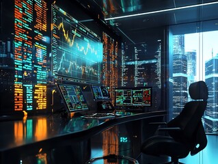 Poster - High Tech Trading Room with Holographic Financial Data and AI Powered Trend Predictions