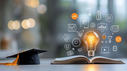 Poster - A glowing lightbulb symbolizing ideas and on an open book with a graduation hat surrounded by education related icons representing e learning digital courses