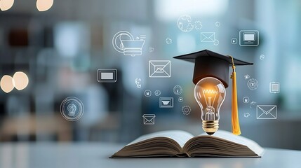 Poster - Creative education scene featuring a bright lightbulb sitting on an open book and wearing a graduation cap surrounded by floating online learning icons set against a dreamy
