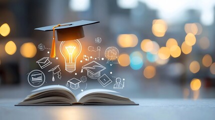 Poster - Visually engaging education themed scene with a glowing lightbulb on top of an open book topped by a graduation hat surrounded by symbols of e learning and online degrees