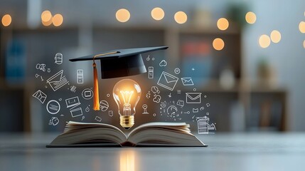 Poster - Visually engaging education themed scene with a glowing lightbulb on top of an open book topped by a graduation hat surrounded by symbols of e learning and online degrees