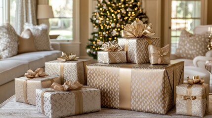 Wall Mural - Elegant Christmas presents with metallic wrapping paper and matching bows, displayed in a cozy holiday setting