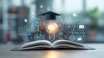 Poster - Symbolic representation of education and learning featuring a luminous lightbulb placed on an open book surrounded by digital course and e learning icons