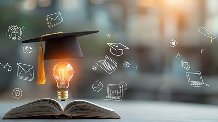 Fototapete - Glowing educational scene featuring a radiant lightbulb resting on an open book topped by a graduation hat and surrounded by floating online education icons all set in a dreamy