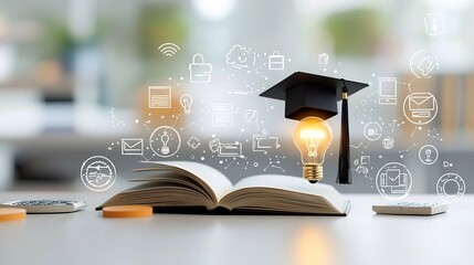 Poster - A symbolic image representing the concept of education featuring a luminous lightbulb resting on an open book with a graduation cap surrounded by digital course and e learning icons