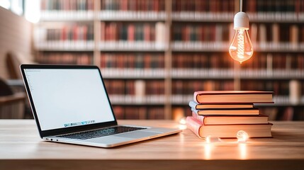 Aufkleber - Online Education Concept Featuring Laptop Device and Glowing Books on Wooden Table with Softly Illuminated Library Background Representing Modern Learning Through Technology and Literature