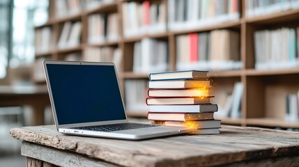 Poster - Vibrant digital learning scene showcasing a laptop and a stack of glowing books on a rustic wooden table