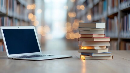 Aufkleber - A stack of glowing books alongside a laptop on a wooden table symbolizing the connection between online learning and the enduring power of literature