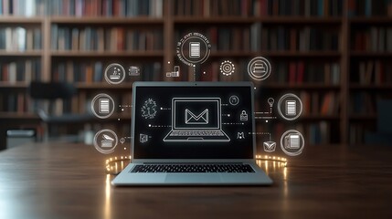 Fototapete - Laptop Showcasing Distance Education Concepts with Floating Books and Educational Symbols on Warm Wooden Shelves   Online Learning Digital Classroom Academic Knowledge University or College Workspace