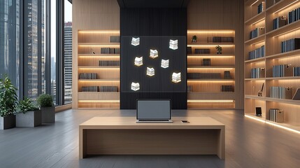 Poster - Cozy and Luminous Educational Workspace with Laptop Projecting Floating Books and Icons for Innovative Online Learning Experience in Dark Wooden Room