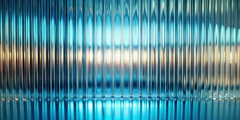 Aufkleber - A close-up of a textured glass surface with multiple vertical ridges, creating a mesmerizing play of light and reflection against a backdrop of vibrant blue and subtle orange tones.