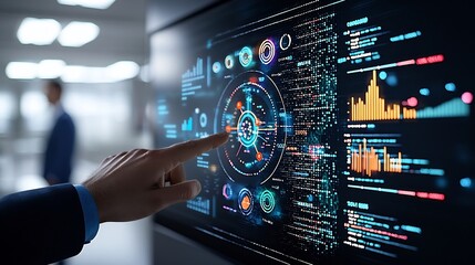 Poster - Futuristic office scene featuring a hand interacting with a radiant digital screen displaying bar charts and growth projections for the years 2020 to 2025