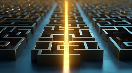 Aufkleber - Striking 3D abstract golden maze with a glowing radiant path highlighting precision strategy and problem solving for creative innovation  Futuristic digital with geometric shapes metallic textures