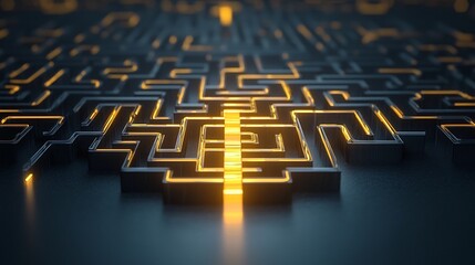 Aufkleber - Glowing Golden 3D Maze with Radiant Path Through   Conceptual Highlighting Precision Strategy and Problem Solving Skills for Creative Innovation and Advancement