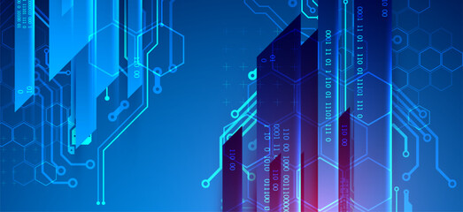 Leinwandbilder - Abstract technological illustration with neon lights on a dark blue gradient background. This vector was hand drawn.