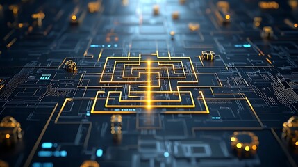 Aufkleber - Abstract 3D maze with intricate gold patterns and a radiant glowing line weaving through to find the optimal path symbolizing innovative problem solving and clarity in strategy