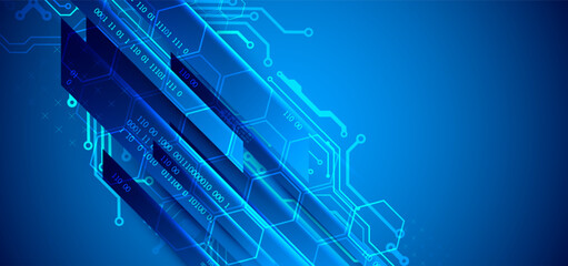 Leinwandbilder - Abstract technological illustration with neon lights on a dark blue gradient background. This vector was hand drawn.