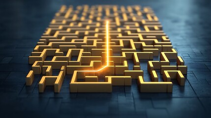Leinwandbilder - Captivating 3D Maze in Vibrant Gold Hues with a Radiant Line Carving an Optimal Route Representing the Clarity and Creativity of Innovative Problem Solving Strategies