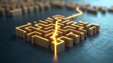 Aufkleber - Vibrant 3D golden maze with a glowing radiant line carving an optimal route representing the clarity and strategic thinking needed to creatively solve complex problems and unlock innovative solutions