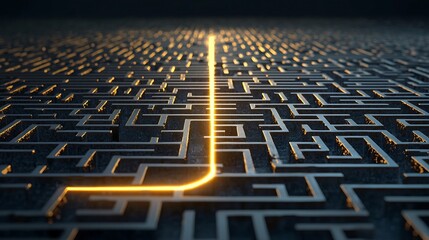 Fototapete - Glowing golden line tracing a path through a complex abstract maze representing the journey of innovation problem solving and strategic creativity that leads to success and achievement