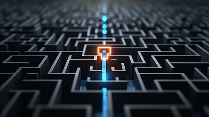 Poster - Glowing Exit Symbol in a Complex Black and Blue Maze Representing Solutions Clarity and Successful Outcomes from Breakthrough Problem Solving