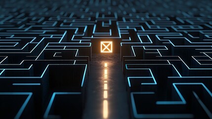 Aufkleber - Glowing path leading to a bright exit symbol in a dark black and blue maze highlighting clarity breakthrough thinking and successful