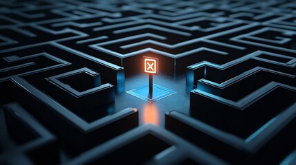 Aufkleber - Radiant Exit Sign Shining in a Futuristic Black and Blue Labyrinth Symbolizing Successful Outcomes and Innovative Problem Solving Amidst Challenges