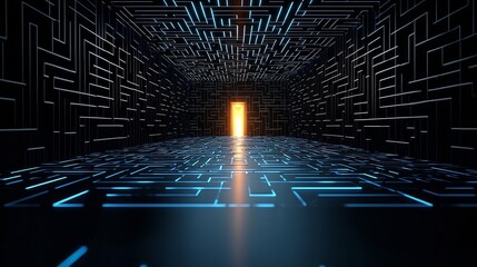 Aufkleber - A vivid glowing exit at the core of a black and blue labyrinth representing the clarity and breakthrough solutions achieved in a complex and challenging environment