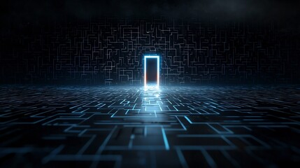 Poster - Futuristic glowing exit amidst a dark black and blue labyrinth emphasizing solutions breakthrough strategies and successful outcomes through clarity and determination