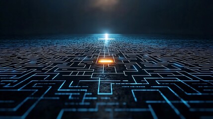 Aufkleber - A glowing futuristic exit shines as a beacon of clarity and determination guiding the way through a dark winding labyrinth towards successful strategic outcomes and breakthroughs