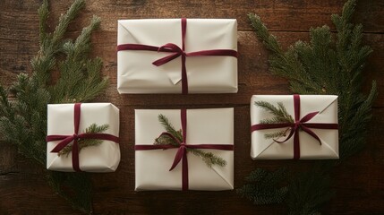 Wall Mural - Minimalist holiday gifts with white wrapping paper and simple red ribbons, surrounded by pine branches