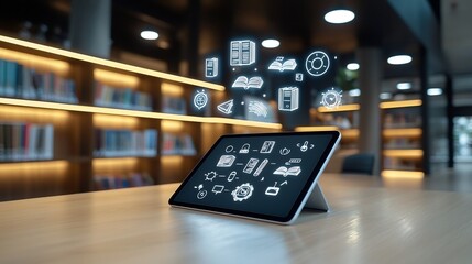 Aufkleber - Sleek Tablet Emitting Floating Educational Symbols and Books Above Its Screen Set Amidst Glowing Bookshelves in a Cozy Dark Wooden Room Workspace
